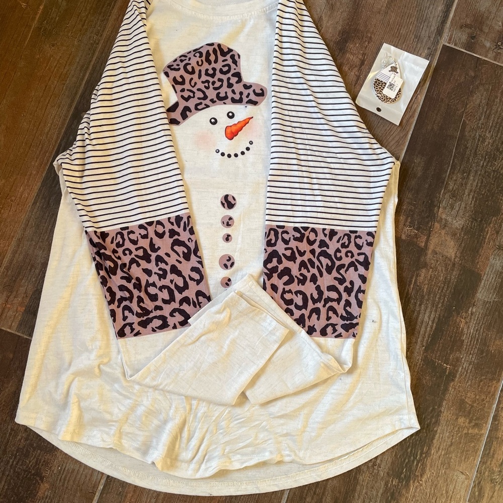 SHEIN Cream and Black Snowman Blouse with matching earrings